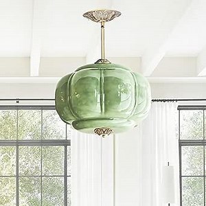 Antique Milk Glass Ceiling Light Fixture - 15 Inch Vintage Green Glass Pendant Light for Kitchen, Hallway, Bedroom, Dining Room