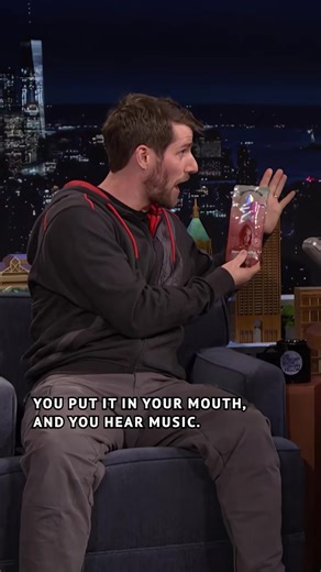 Linus Sebastian (@Linus Tech Tips) shows @Marcello Hernandez & Jimmy the Lollipop Star- a lollipop that plays music in your mouth!