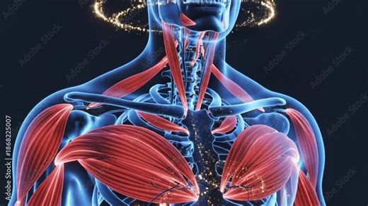 Human upper torso anatomy illustration combining translucent ribcage and clavicle with detailed vertebra and neck, red pectoral and shoulder muscle layers, visible chest and arm muscular structure