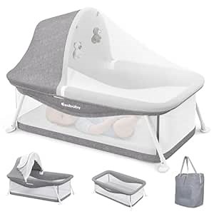 Ezebaby Portable Travel Bassinet for Baby 0-5 Months, Foldable Newborn Bassinet Baby Bed Infant Crib with Padded Mattress, Canopy, Mosquito Net, Carrying Bag