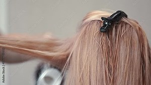 master hair colorist dries the girl's hair after coloring, the beauty and health of the hair, close-up Stock Video