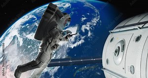 Young Astronaut Floating in Space in Zero Gravity. Spaceman Using a Laptop Computer in Open Space Outside an Orbiting Spacecraft, Browsing Instruction Manuals for Maintenance Work on a Satellite