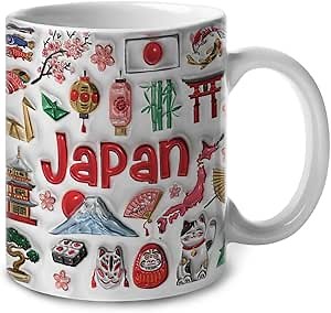 Lotacy Japan Symbols Colorful 2D Printed Coffee Mug With Flag, Japanese Ceramic Mug 11oz Coffee Mug, Japanese Souvenirs and Gifts