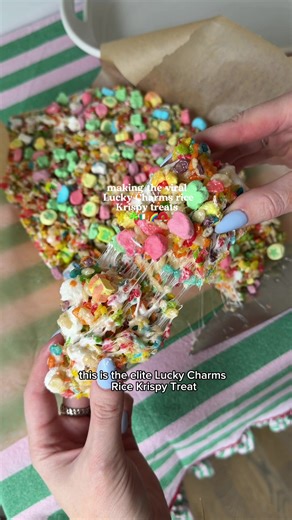 Exact recipe below👇 1 stick butter melted 3/4 teaspoon salt (I do a full teaspoon but I like salt) Dash of vanilla extract 1 16oz bag of mini marshmallows 3 cups rice krispy cereal 3 cups fruity pebbles Remove from heat, mix in another cup of marshmallows and 1/2 cups lucky charm marshmallows Press lightly into a 9x13 pan with parchment paper, Top with more marshmallow charms ☘️