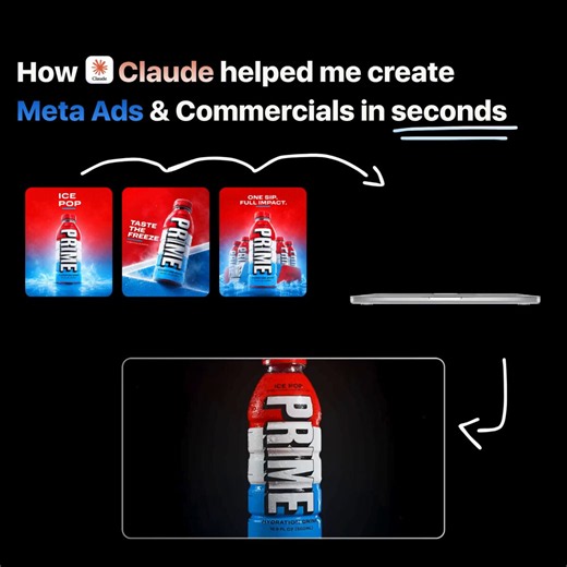 R.I.P. commercial production.Claude just helped me create Meta Ads and a commercial for a Prime Energy concept in seconds.No production crew.No creative agency.No $10,000 shoot.No waiting 3 weeks for assets.Just Claude acting like a full creative team.I gave it the product, the angle, the brand direction, and the ad goal.Then it helped create:→ Meta ad concepts→ Product-focused visuals→ Commercial scenes→ Hook variations→ Creative direction→ Prompt structure→ Ad-ready conceptsThis is where perfo