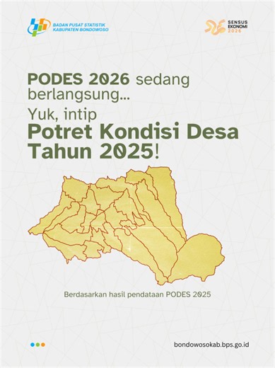 Sambil menunggu hasil terbaru, yuk kita lihat gambaran kondisi desa di Kabupaten Bondowoso berdasarkan hasil pendataan PODES 2025. Sebagian besar desa telah memiliki infrastruktur yang memadai, mulai dari akses jalan, listrik, hingga jaringan komunikasi. Data ini diharapkan dapat menjadi dasar dalam perencanaan pembangunan yang lebih merata dan berkelanjutan. Mau tahu lebih lengkap? Akses publikasi Statistik Potensi Desa Kabupaten Bondowoso 2025 di website resmi BPS Kabupaten Bondowoso, ya! Sumb