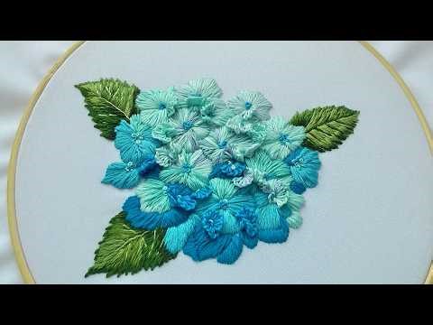Elegant Blue Hydrangea Embroidery | French Knot Satin Stitch Full Tutorial