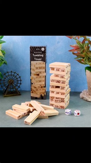 Wooden Tumbling Tower Game Set – 54 Numbered Blocks with 2 Dice –...
