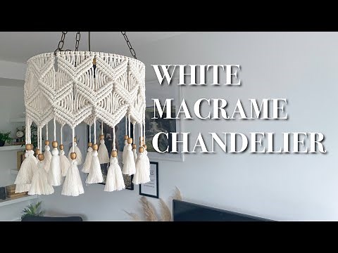 Modern MACRAME CHANDELIER in white with tassels and brass beads