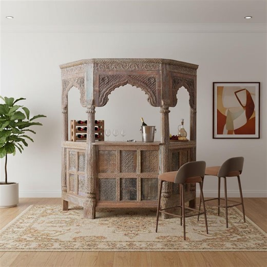 Large Hand Carved Reclaimed Teak Wood Home Bar | Antique Arched Liquor Cabinet With Wine Rack | Rustic White Washed Farmhouse Mancave Decor - Etsy