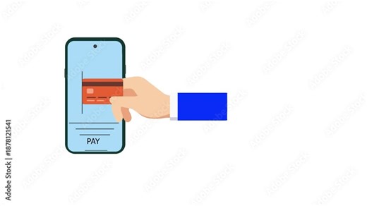 Hand Inserting Credit Card into Smartphone Flat Design Animation for Online Payment and Digital Wallet Concept.