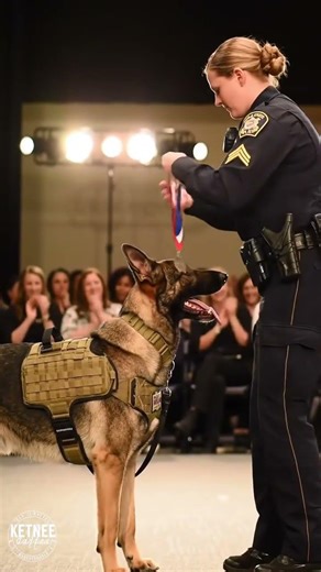 A K9 unit dog wearing a tactical vest is honored for its service alongside its handler
