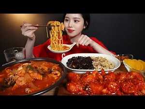 SUB)Seafood Jjampong, Chili Shrimp, and Pork Fried Rice Mukbang ASMR Korean Eating Sound