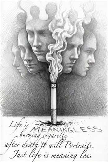 Life's Burning CigaretteCaption:After death, only portraits in smoke.