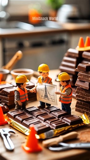 Chocolate Tower Project — tiny workers build a tower from pieces of chocolate bars