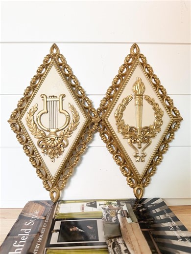Pair of Vintage Homco Gold Diamond Torch and Harp Wall Hangings, Mid-century Hollywood Regency Plaques - Etsy