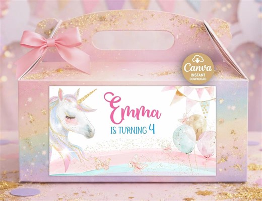 Unicorn Birthday Favor Box Label Sticker | Pastel Watercolor | Canva Editable | Instant Download - Etsy