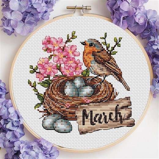 Bird Cross Stitch Pattern March Spring Nest Eggs Floral Embroidery Woodland Bird Needlework Chart Digital Download - Etsy