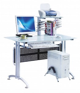 [Hot Item] Stylish Glass Top Office Desk with Metal and Wooden Frame