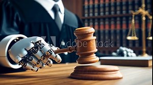 Robot judge presides over court proceedings in a futuristic legal setting