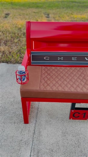 Custom Chevy fleetside benches choose from different color options fore more info please dm. #custom #custommade #weldart #welding #welder #fabrication #mancave #mancaveideas #mancavegarage #mancavestuff #houston #texas #powdercoating #brokenskullipa #chevy #chevybench #c10 #c10fleetside #c10trucks #tailgate #tailgatebench | Porras Custom Metal