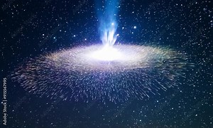 Cosmic Singularity: A mesmerizing cosmic singularity in a vast, star-filled expanse. A powerful beam of light pierces the darkness, creating an ethereal and awe-inspiring spectacle. The image captures