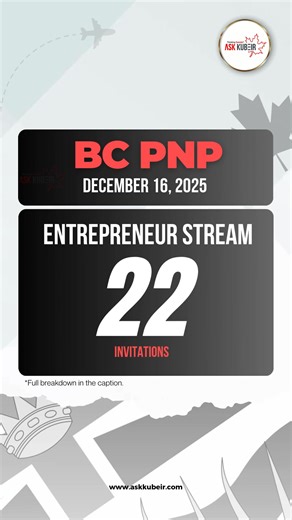 🇨🇦 BC PNP Entrepreneur Draws – December 16, 2025! 📌 Total Invitations Issued: 22 💼 Base Category – Entrepreneur Stream: 17 invites, Minimum Score 115 🌟 Entrepreneur Immigration – Regional Pilot: Up to 5 invites, Minimum Score 107 📈 In 2025, BC has issued 1,110 invitations overall, including up to 132 for entrepreneurs. #BCPNP #EntrepreneurStream #PNPdraw ——————————————— 📌 If you believe your VISA application should be showcased in the most favourable light when submitting to immigration, 