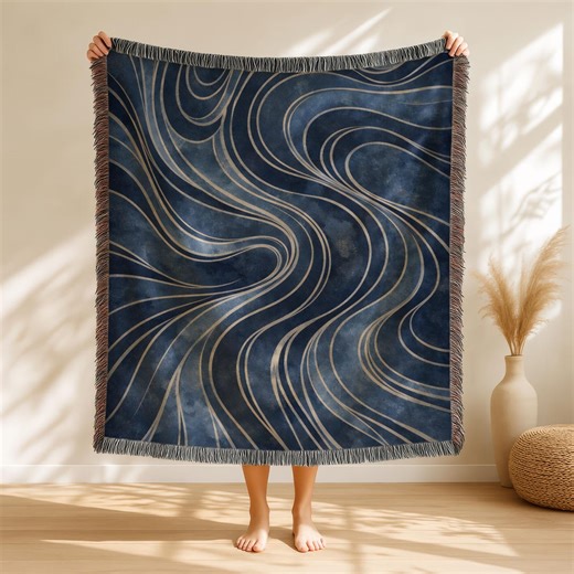 Blue Woven Blanket | Wave Blanket | Abstract Tapestry | Modern Throw Blanket | Blue Blanket | Patina | Couch Throw Blanket | Ocean Gifts - Etsy