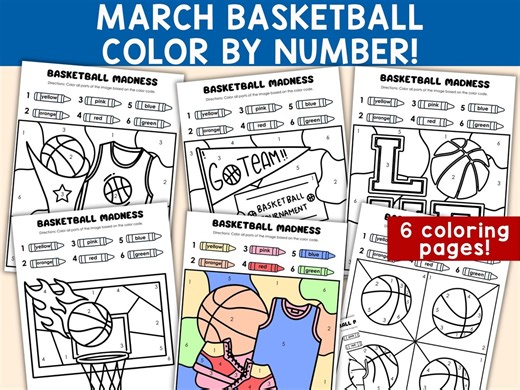 Basketball Madness Coloring Pages for Kids | College Basketball Party Activities | Basketball Worksheets | Color by Number | PDF Printable - Etsy