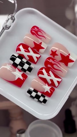 RTS Handpainted MGK Press on Nails | Red Stars, Flames, Checkers Lost Americana (size S) - Etsy
