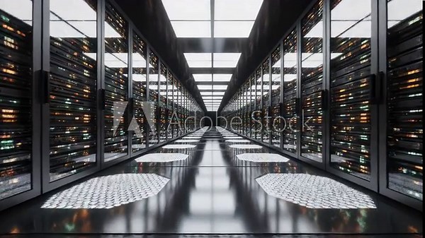 Long, dark server room aisle with rows of illuminated computer racks creating a futuristic data center tunnel effect