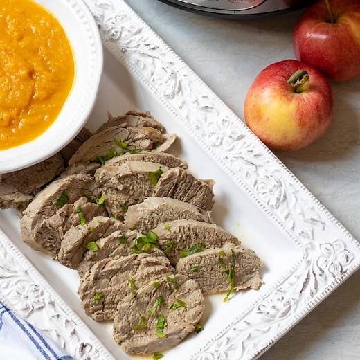 Instant Pot Pork Tenderloin is the PERFECT fall dinner. This easy recipe for perfectly cooked pork tenderloin is served with a sweet potato and apple mash. This is a one pot meal rich in flavor! AD Not to mention the ingredients in this meal help to end childhood hunger. #produceforkids @Feeding America Publix Michigan Apples https://amindfullmom.com/instant-pot-pork-tenderloin/ | A Mind "Full" Mom