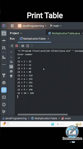 Print Table in Java 🔥 | Easy Java Program #coding #learnwithrehan #programming #shortvideo #viral