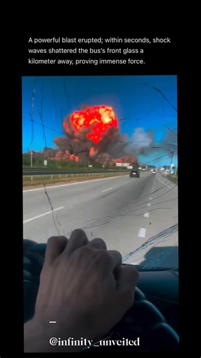 Infinity Unveiled on Instagram: "A powerful blast demonstrates how energy release can ripple through the environment within seconds. In this case, the explosion generated shock waves—intense pressure waves that travel faster than sound. The force was so immense that it shattered the front glass of a bus a full kilometer away. Such events prove the destructive potential of sudden energy release, whether from industrial accidents, chemical blasts, or military detonations. Studying shock waves help