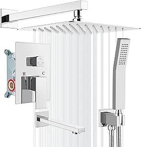 gotonovo Shower System with Tub Spout Wall Mounted Rain Shower Head and Handle Combo Shower Faucet Set with Valve, 12 Inch, Polish Chrome