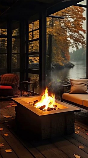 Cozy Fireplace on a Riverside Porch | Autumn Leaves & Flowing River Sounds |