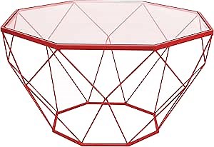 LeisureMod Malibu 31" Octagon Coffee Table - Modern Tempered Glass Top Accent Table and Powder-Coated Metal Geometric Wireframed for Mid-Century Home, Living Room, Bedroom, and Small Spaces (Red)