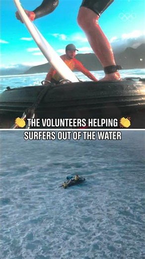 The volunteers at Olympic surfing, on the waves bringing the athletes back to shore! 👏