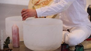 Man playing crystal bowls and singing. Panning right on a man dressed in white playing crystal bowls and singing with various sacred objects displayed around, close up on his hands, side view