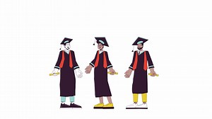 Throw caps students jumping line cartoon animation. University graduation 4K motion graphic. Multicultural graduates mortarboard hats 2D linear animated characters isolated on white background
