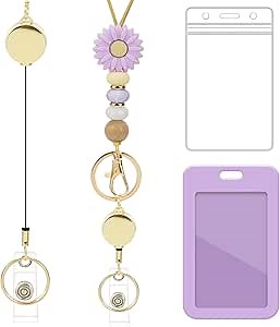 Retractable Lanyard ID Badge Holder - Purple Daisy Lanyard with ID Holder, Cute Teacher Retractable ID Badge Holder with Silicone Beaded Keys Keychain Breakaway Lanyards for Women Teachers Gifts