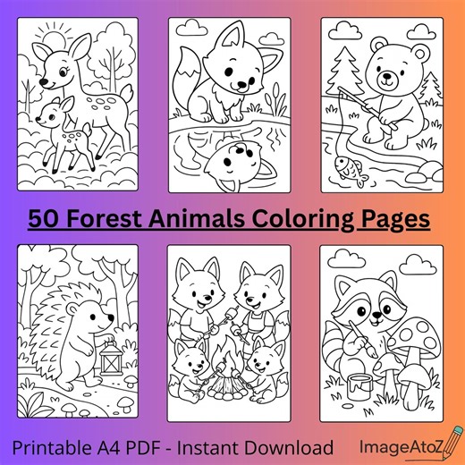 50 Forest Animals Coloring Pages : Kids A4 Printable ( PDF ) - Etsy