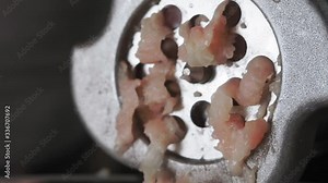 Process of meat grinding in the kitchen with mincing machine. Preparation raw meat for cooking.