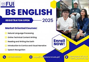 📚 Admissions Open – BS English at Foundation University Islamabad At Foundation University Islamabad, the BS English program is designed to shape confident communicators, critical thinkers, and future leaders. 🌍✨ 🎓 Why Choose BS English at FUI? ✔ Comprehensive study of literature, linguistics & communication ✔ Exposure to modern research & academic writing ✔ Career pathways in teaching, content writing, publishing, journalism, and media ✔ Supportive faculty and interactive learning environmen