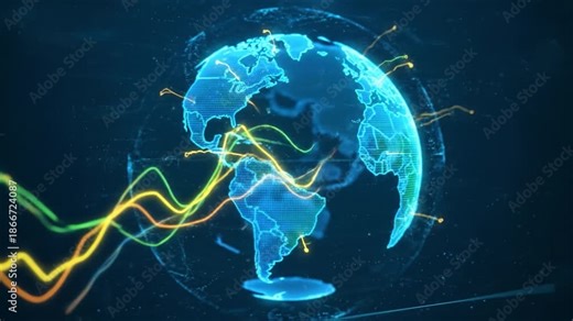 Neon digital globe with glowing network connection and glowing data stream grid encircling Earth, digital globe network connection with neon glowing grid data stream and holographic mesh connecting