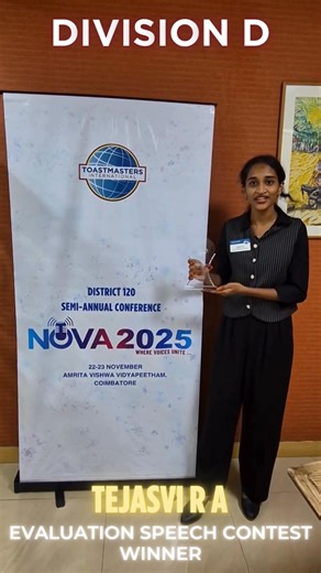 🎉 Excitement is in the air! 🎉 Here’s Tejasvi R A , Evaluation Speech Contest Winner from Division D , sharing her joy and enthusiasm as she is gearing up for NOVA 2025 – District 120 Semi-Annual Conference! 🌟 Watch her excitement and feel the NOVA spirit spreading across District 120! 💫 📅 Date: Nov 22–23, 2025 📍 Venue: Amrita Vishwa Vidyapeetham, Coimbatore 👉 Register here: https://allevents.in/coimbatore/district-120-semi-annual-conference-tickets/80006044856501?ref=smdl 💸 UPI: toastmas
