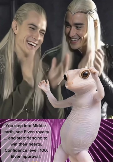 Poor Thranduil and Legolas having to endure my “so call” mating dance… lol 🤦🏻‍♀️😅 Elves: ancient, wise, immortal. Me: dancing aggressively for their approval. 🤣😭✨ Tolkien, LOTR, The Lord of the Rings, Mirkwood, The Hobbit, El Señor de los Anillos, Middle-earth, Tolkien, Thranduil ai, Legolas AI, LOTR AI, elves, elf, dance, meme. #lordoftherings #lotrmemes #meme #funny #fyp
