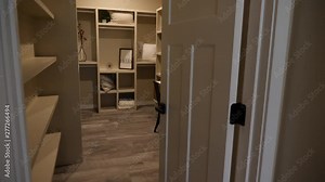 Walk Through Closet and Reveal Vanity Area. view moves through a walk-in closet and reveals a sitting area with vanity
