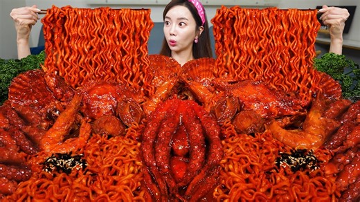 【Ssoyoung】🔥超辣海鲜（大章鱼🐙，虾🦐，螃蟹🦀️，扇贝，鲍鱼）火鸡面🥵🌶️Mukbang