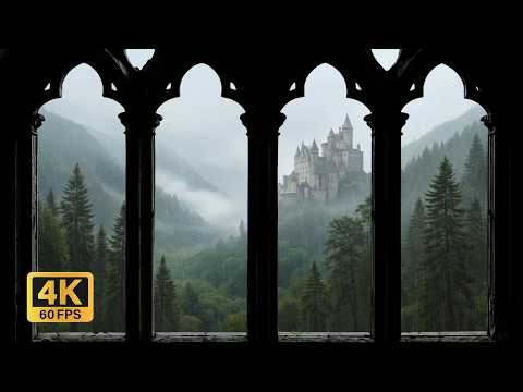 4K Medieval Castle Rain On Window Views | Relaxation, Night Rain, Ambience, ASMR For Sleep and Study